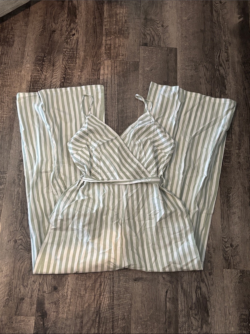 Cupshe Spaghetti Strap Wide-Leg Jumpsuit - Green and White Striped - Size Large